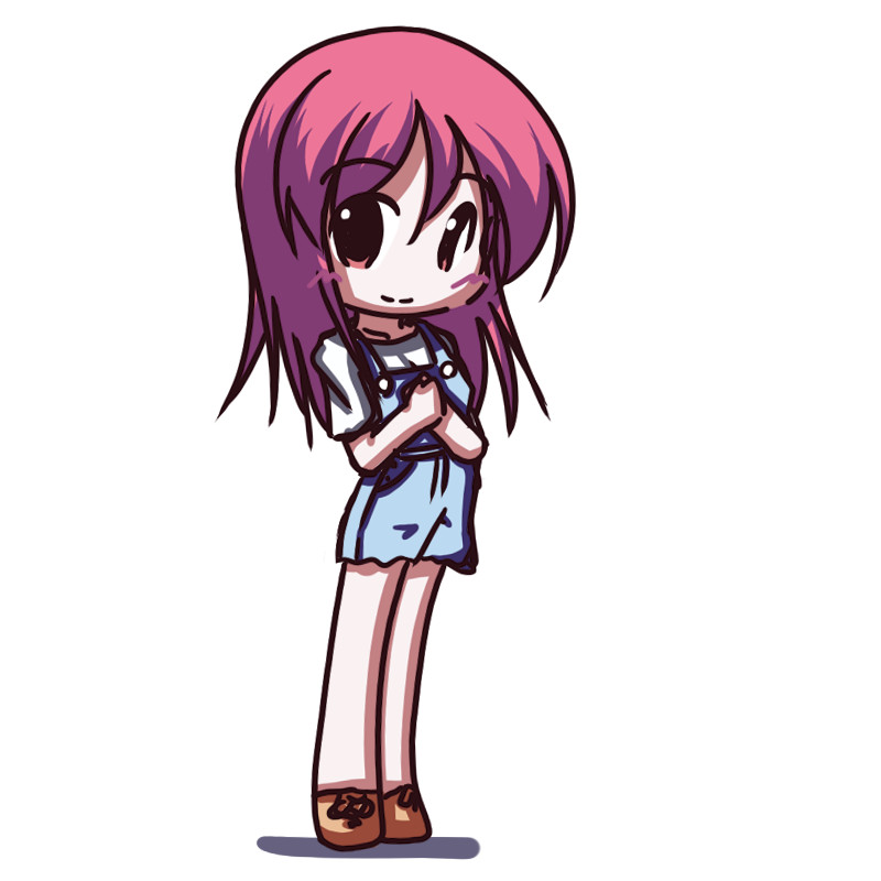 fictional sister, naegino sora, kaleido star, 00s, 1girl, bare legs, blue dress, blush, brown shoes, chibi, collarbone, dress, female focus, full body, hands on own chest, long hair, looking at viewer, own hands together, red hair, shadow, shirt, shoes, short hair, short sleeves, simple background, smile, solo, standing, white background, white shirt