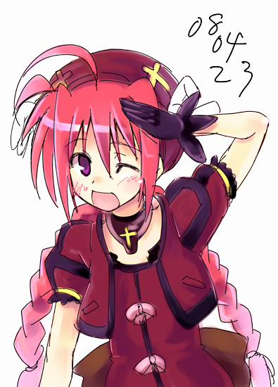 boshinote, vita (nanoha), lyrical nanoha, mahou shoujo lyrical nanoha, mahou shoujo lyrical nanoha a's, 00s, 1girl, ahoge, beret, blue eyes, blush, collarbone, dress, female focus, hair ornament, hat, jacket, looking at viewer, open clothes, open jacket, puffy short sleeves, puffy sleeves, rabbit hair ornament, red dress, red hair, short sleeves, simple background, solo, tareme, upper body, white background