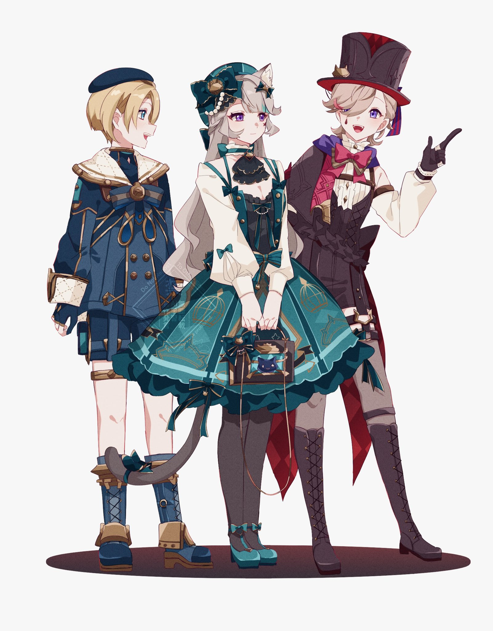 nekorin chu, freminet (genshin impact), lynette (genshin impact), lyney (genshin impact), genshin impact, highres, 1girl, 2boys, animal ears, aqua dress, aqua shoes, bag, black bag, black boots, black gloves, black hat, black shorts, black thighhighs, blonde hair, blue boots, blue bow, blue bowtie, blue eyes, blue shorts, boots, bow, bowtie, braid, breasts, brown hair, cat ears, cat girl, cat tail, cleavage, dress, fingerless gloves, full body, gloves, hair over one eye, handbag, hat, high-waist shorts, high heels, holding, holding bag, knee boots, legwear garter, long hair, long sleeves, multiple boys, official alternate costume, pantyhose, purple eyes, sailor collar, shoes, short hair, shorts, siblings, sidelocks, simple background, strappy heels, tail, thighhighs, top hat, twins, white background, white sailor collar