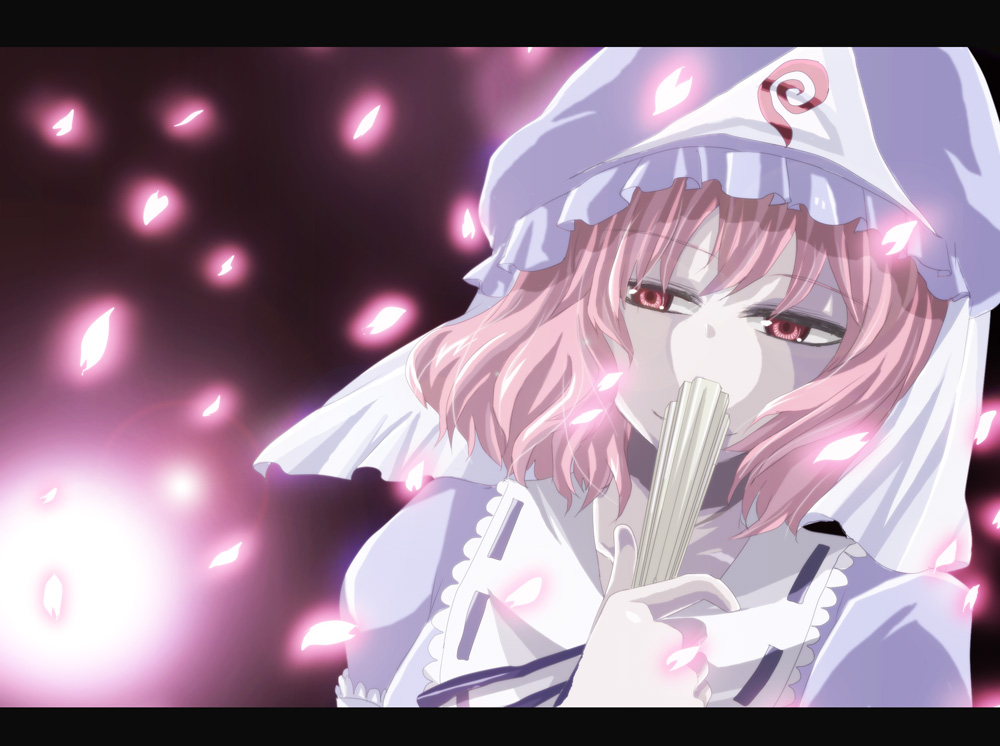 shion (ikihara), shion (pixiv), saigyouji yuyuko, touhou, bad id, bad pixiv id, 1girl, cherry blossoms, covering face, covering own mouth, covering privates, female focus, folded fan, folding fan, hand fan, hat, letterboxed, pink hair, solo