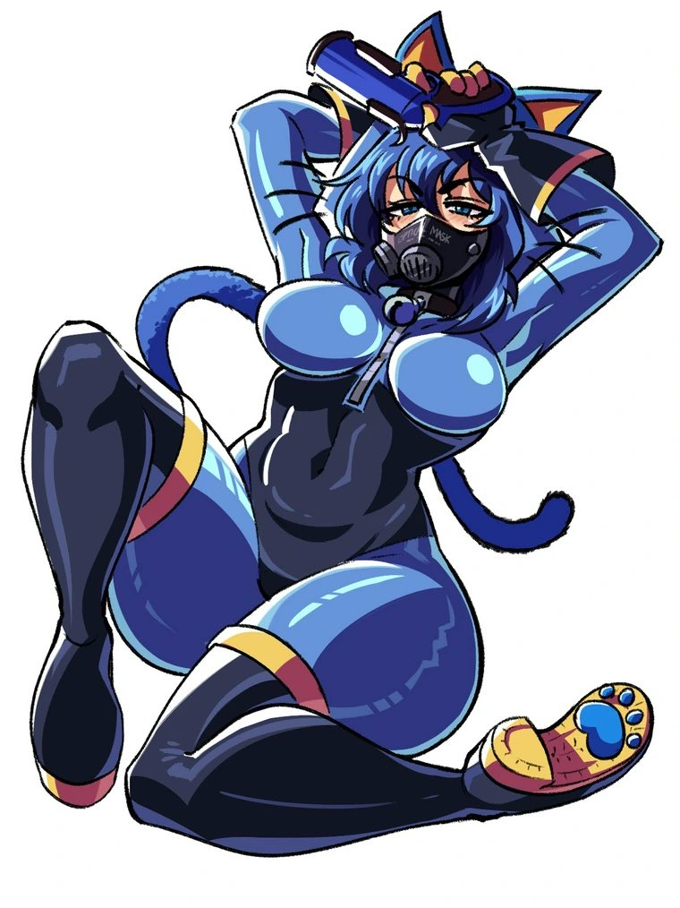 tina fate, blu pyro (tf2), pyro (tf2), team fortress 2, commission, second-party source, 1girl, animal ears, black boots, black gloves, blue bodysuit, blue eyes, blue hair, bodysuit, boots, cat ears, cat tail, fake animal ears, fake tail, flare gun, full body, genderswap, genderswap (otf), gloves, holding, latex, latex bodysuit, latex gloves, looking at viewer, mask, respirator, shoe soles, short hair, simple background, solo, tail, thigh boots, white background, zipper