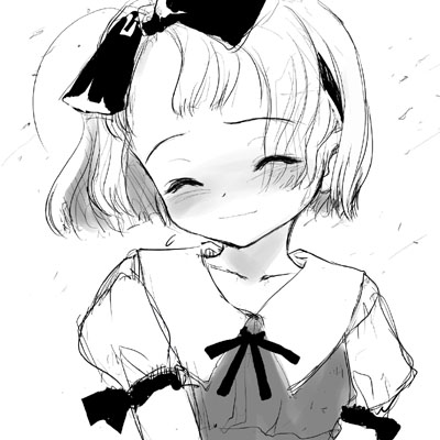 sasahara yuuki, lowres, blush, bow, closed eyes, greyscale, hair bow, happy, monochrome, ribbon, school uniform, serafuku, short hair, sketch, smile