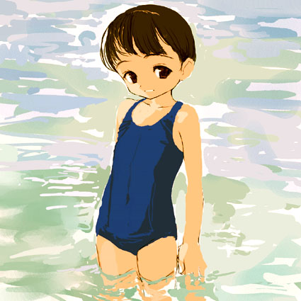 sasahara yuuki, lowres, brown hair, flat chest, one-piece swimsuit, school swimsuit, solo, swimsuit, water