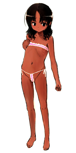 sasahara yuuki, copyright request, 1girl, barefoot, brown eyes, brown hair, dark-skinned female, dark skin, feet, female focus, flat chest, lingerie, loli, nipples, solo, underwear