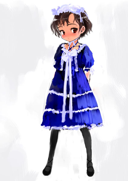 sasahara yuuki, blush, bow, dress, flat chest, full body, pantyhose, ribbon, thighhighs