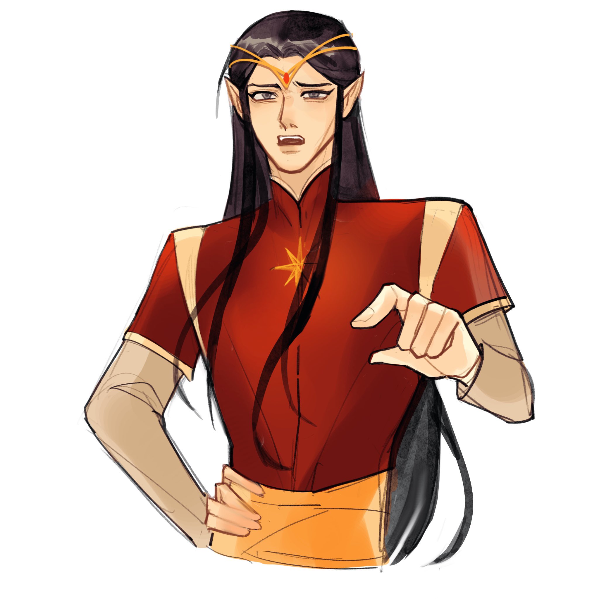 issa crimson, feanor, the silmarillion, tolkien's legendarium, 1boy, black hair, circlet, collar, elf, eyelashes, floating hair, gem, grey eyes, hand on own hip, jewelry, long hair, looking at viewer, male focus, nostrils, open mouth, parted bangs, pointing, pointy ears, sidelocks, simple background, solo, teeth, upper body, upper teeth only, white background