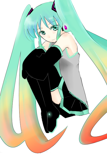 shari, hatsune miku, vocaloid, bad id, bad pixiv id, green eyes, green hair, long hair, solo, thighhighs, twintails, very long hair