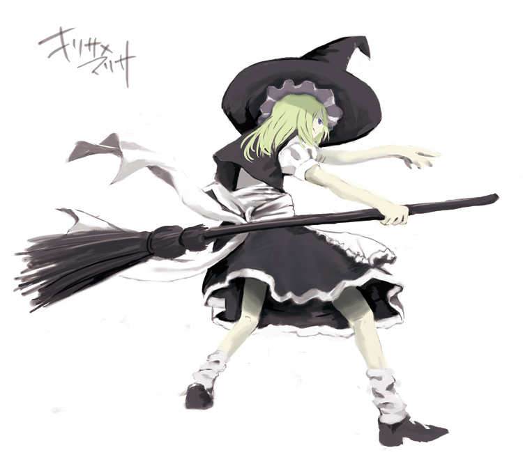 usi, kirisame marisa, touhou, 1girl, broom, female focus, full body, hat, simple background, skirt, solo, white background, witch, witch hat