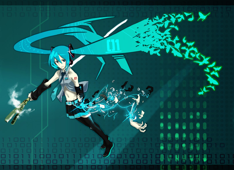 usi, hatsune miku, vocaloid, digital dissolve, green hair, legs, long hair, solo, spring onion, thighhighs, twintails, very long hair