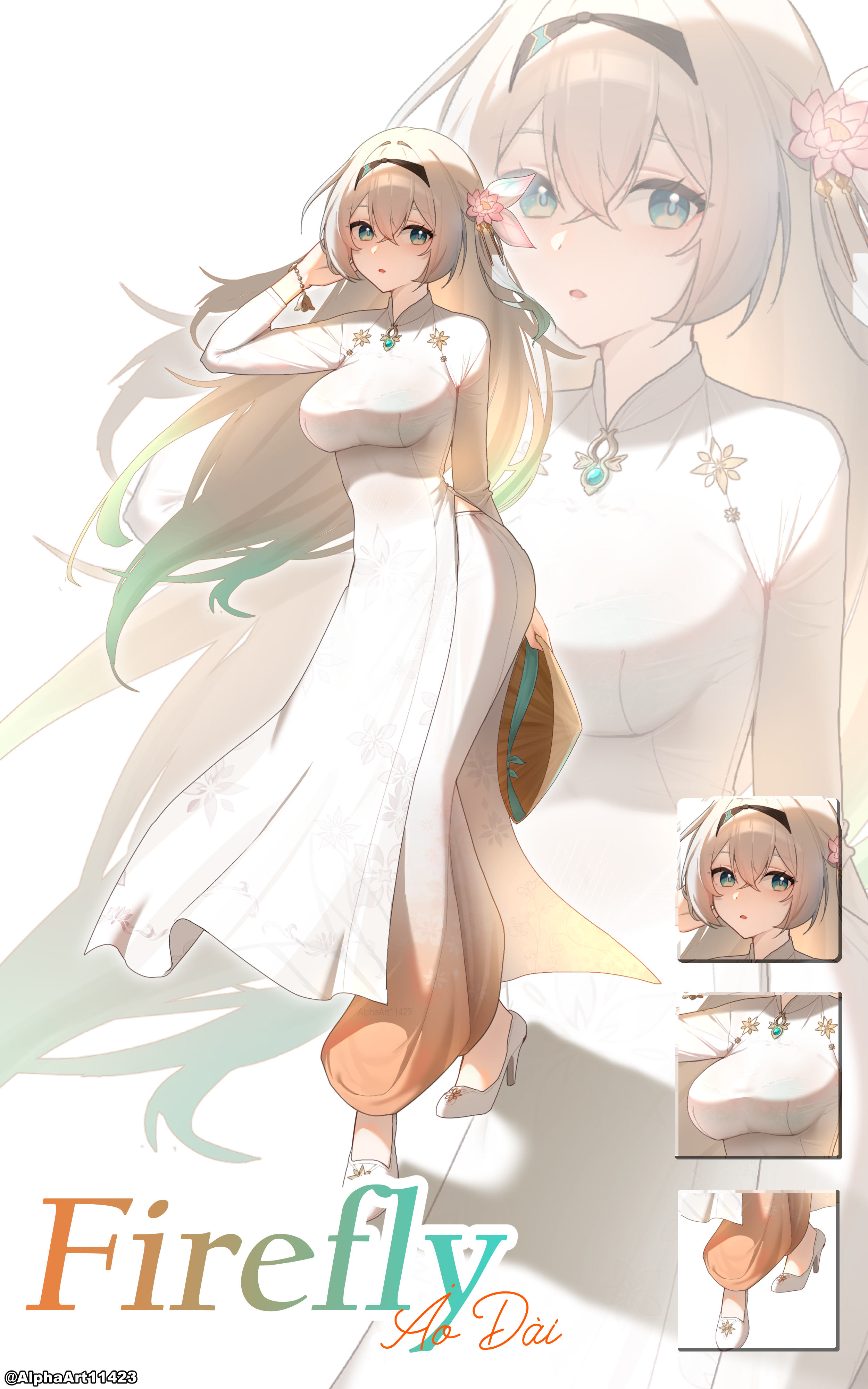 alphaart, firefly (honkai: star rail), honkai: star rail, honkai (series), absurdres, commentary, highres, paid reward available, 1girl, alternate costume, ao dai, black hairband, bra, bra visible through clothes, bracelet, breasts, character name, colored tips, dress, flower, full body, green bra, green eyes, green hair, grey hair, hair between eyes, hair flower, hair ornament, hairband, hand up, hat, high heels, holding, holding unworn clothes, holding unworn hat, jewelry, large breasts, long dress, long hair, long sleeves, looking at viewer, lotus, multicolored hair, pants, parted lips, shoes, solo, straw hat, twitter username, underwear, unworn hat, unworn headwear, very long hair, white dress, white pants, white shoes