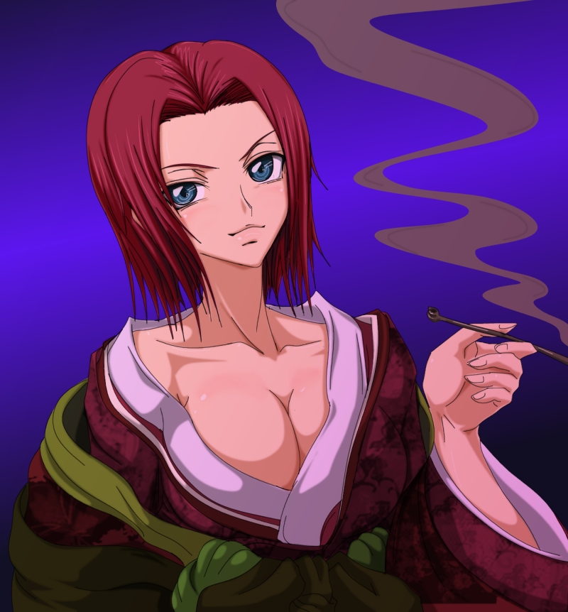 madhatter hello, kouzuki kallen, code geass, 00s, 1girl, blue eyes, breasts, cleavage, female focus, japanese clothes, kimono, large breasts, red hair, short hair, smoking, solo