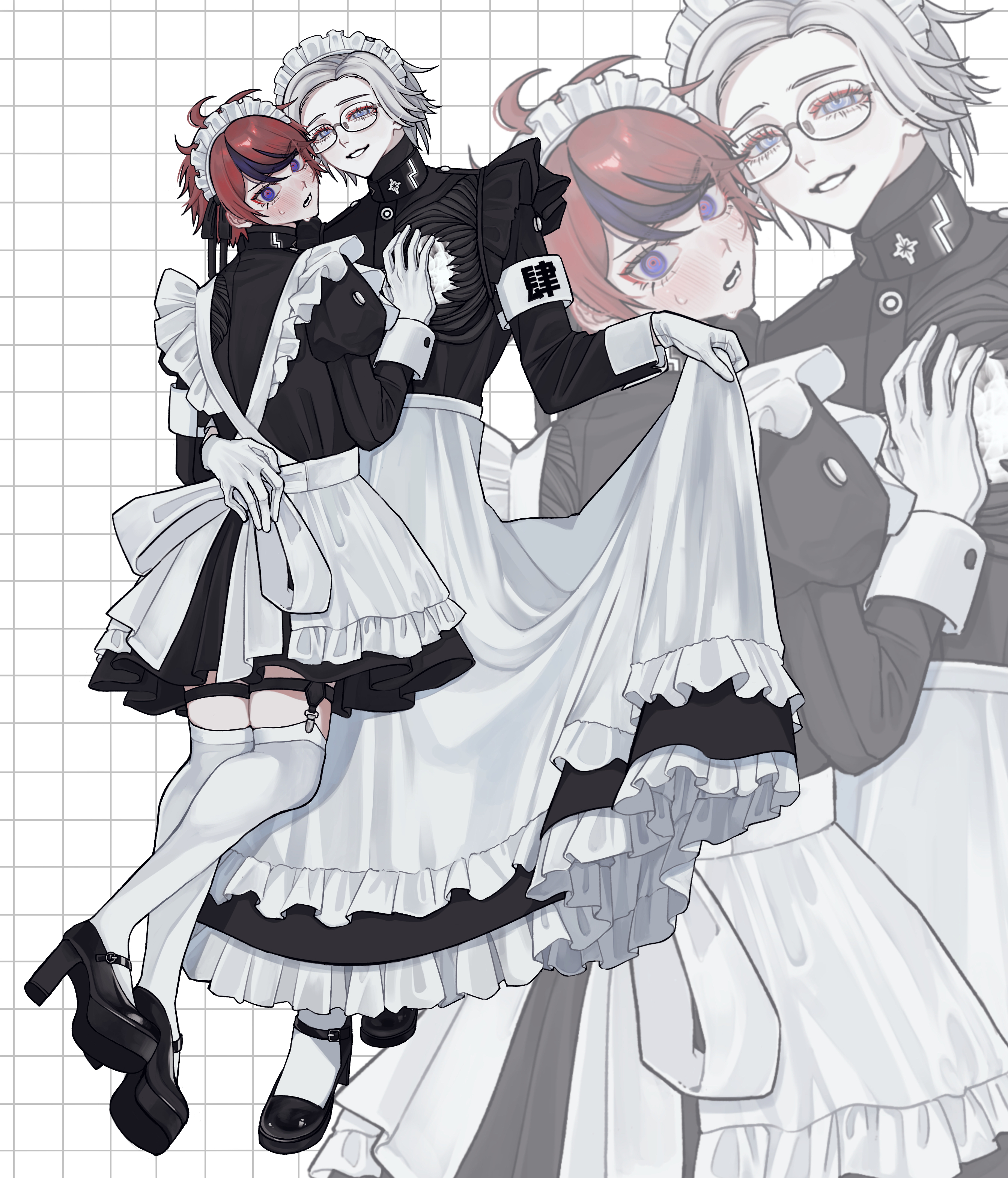 aotsuki eito, sumino takumi, the hundred line -last defense academy-, absurdres, highres, 2boys, ahoge, alternate costume, apron, arm around waist, armband, black dress, black shoes, black streaks, blue eyes, blush, crossdressing, crossdressing (mtf), dn0lt, dress, enmaided, eyeliner, frills, gakuran, glasses, gloves, grey eyes, grey hair, grid background, hand on another's chest, high heels, hole in chest, hole on body, last defense academy school uniform, long sleeves, looking at viewer, maid, maid apron, maid headdress, makeup, male focus, male maid, multicolored hair, multiple boys, red eyeliner, red hair, ringed eyes, school uniform, shoes, short hair, skirt hold, streaked hair, sweat, thighhighs, white apron, white armband, white background, white gloves, white sleeve cuffs, white thighhighs, yaoi, zoom layer