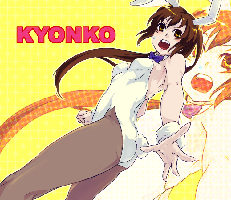 akaya (rednight dd), kyonko, suzumiya haruhi no yuuutsu, 00s, 1girl, animal ears, fake animal ears, female focus, genderswap, genderswap (mtf), leotard, pantyhose, playboy bunny, ponytail, rabbit ears, solo