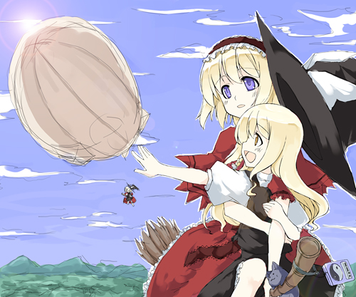 sakuraba yuuki, alice margatroid, kirisame marisa, touhou, lowres, 2girls, aircraft, blonde hair, dirigible, female focus, multiple girls