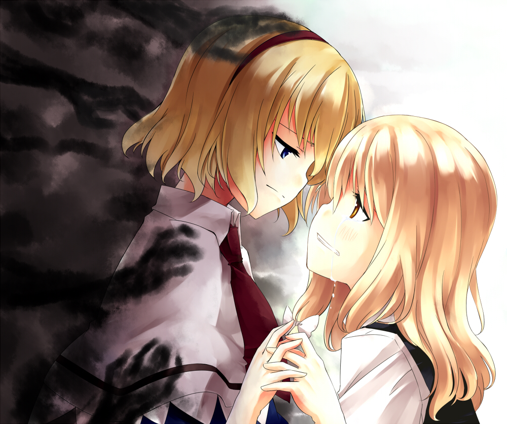 sakuraba yuuki, alice margatroid, kirisame marisa, touhou, 2girls, black background, blonde hair, blue eyes, capelet, female focus, from side, hairband, holding hands, long hair, looking at another, multiple girls, short hair, simple background, tears, two-tone background, upper body, white background, yellow eyes
