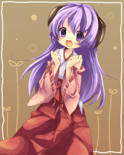 retei, hanyuu, higurashi no naku koro ni, lowres, 00s, 1girl, bare shoulders, detached sleeves, female focus, hakama, hakama skirt, horns, japanese clothes, long hair, miko, purple eyes, purple hair, red hakama, skirt, solo