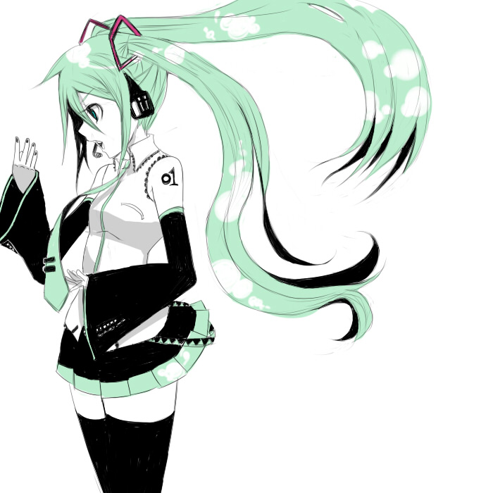 aoiaka (blueled), hatsune miku, vocaloid, 1girl, aqua hair, female focus, necktie, solo, thighhighs, twintails