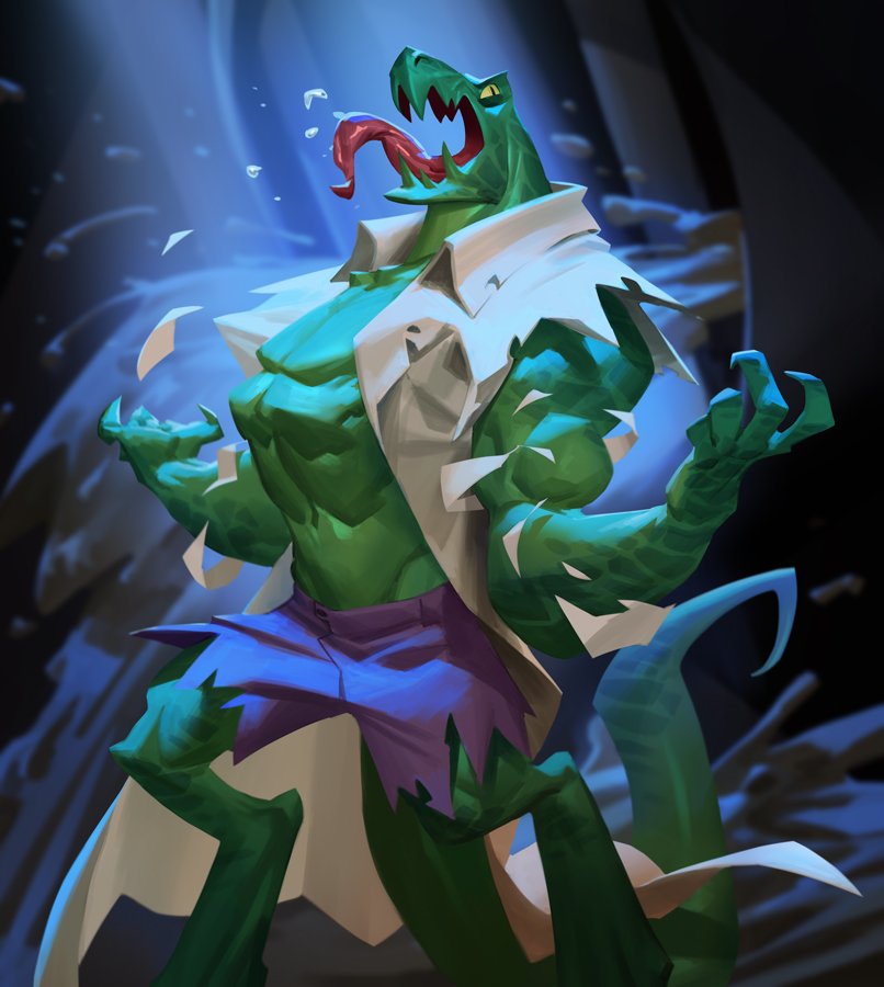 max grecke, lizard (marvel), marvel, marvel snap, spider-man (series), official art, 1boy, animal, bald, blue pants, coat, creature, denim, fingernails, full body, green eyes, jacket, jeans, lab coat, lizard, lizard tail, looking at viewer, male focus, monster, muscular, muscular male, no humans, open mouth, pants, saliva, scales, sewer, sharp fingernails, shirt, shorts, slit pupils, solo, tail, tongue, tongue out, torn clothes, torn jeans, torn pants, torn shirt, underground, western comics (style), white coat, white shirt, yellow eyes