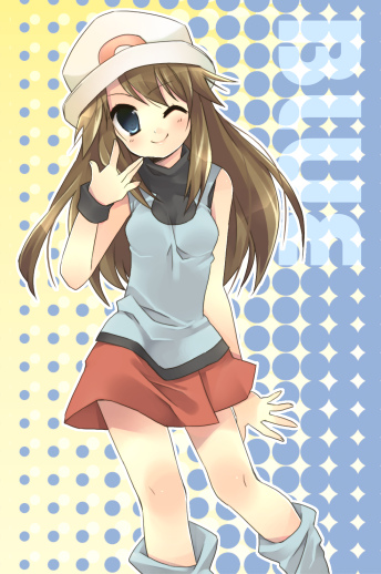 retei, green (pokemon), nintendo, pokemon, pokemon adventures, open m/, 1girl, ||/, blue eyes, brown hair, character name, female focus, hat, one eye closed, porkpie hat, skirt, smile, solo, wink