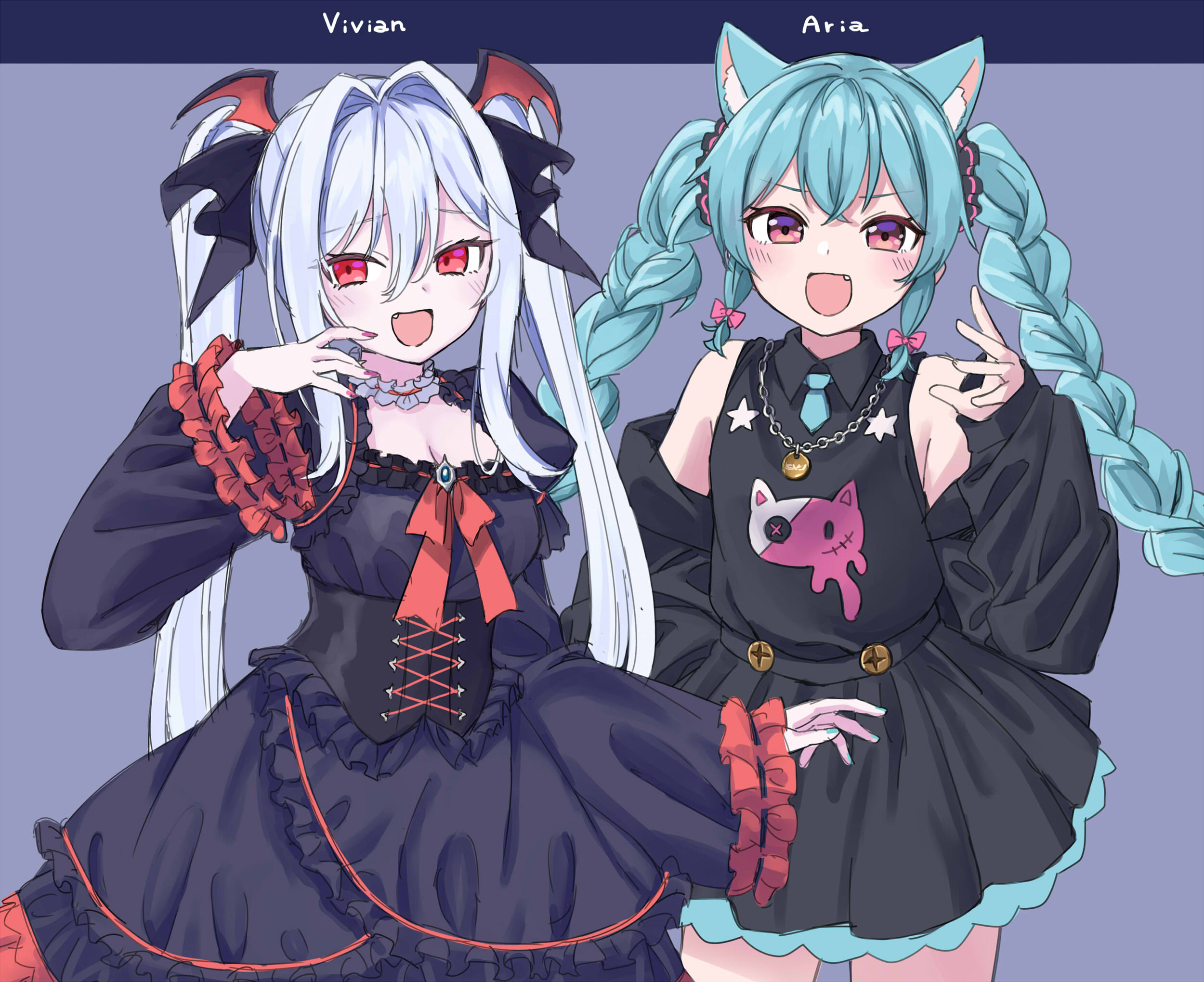sekira ame, commentary request, copyright request, highres, 2girls, :d, animal ear fluff, animal ears, bare shoulders, black dress, black skirt, blue background, blue hair, braid, breasts, cleavage, collared shirt, dress, fang, frilled dress, frills, grey hair, hair between eyes, hair intakes, layered sleeves, long hair, long sleeves, looking at viewer, medium breasts, multiple girls, open mouth, puffy long sleeves, puffy short sleeves, puffy sleeves, red eyes, ribbon-trimmed dress, ribbon-trimmed sleeves, ribbon trim, shirt, short over long sleeves, short sleeves, skirt, sleeveless, sleeveless shirt, sleeves past wrists, smile, twin braids, twintails, very long hair