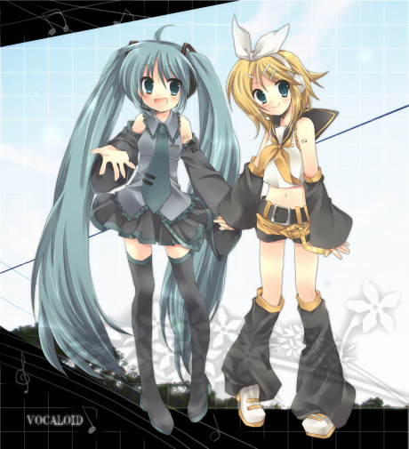 retei, hatsune miku, kagamine rin, vocaloid, 2girls, holding hands, long hair, multiple girls, thighhighs, twintails, very long hair