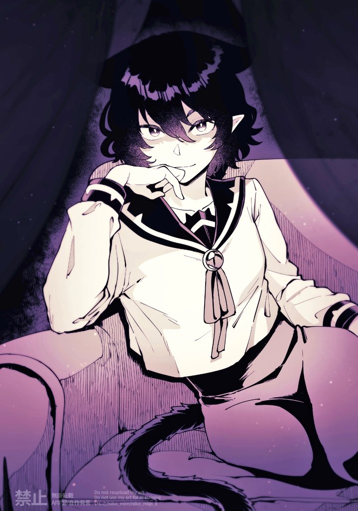 opera (iruma-kun), mairimashita! iruma-kun, 1other, animal ears, blurry, brooch, cat ears, cat tail, couch, curtains, depth of field, elbow rest, extra ears, hair between eyes, high-waist pants, indoors, isiko mim z, jewelry, long sleeves, looking at viewer, monochrome, on couch, other focus, pants, pointy ears, ribbon, sailor collar, school uniform, serafuku, shaded face, shirt, sitting, slit pupils, smile, solo, tail, watermark