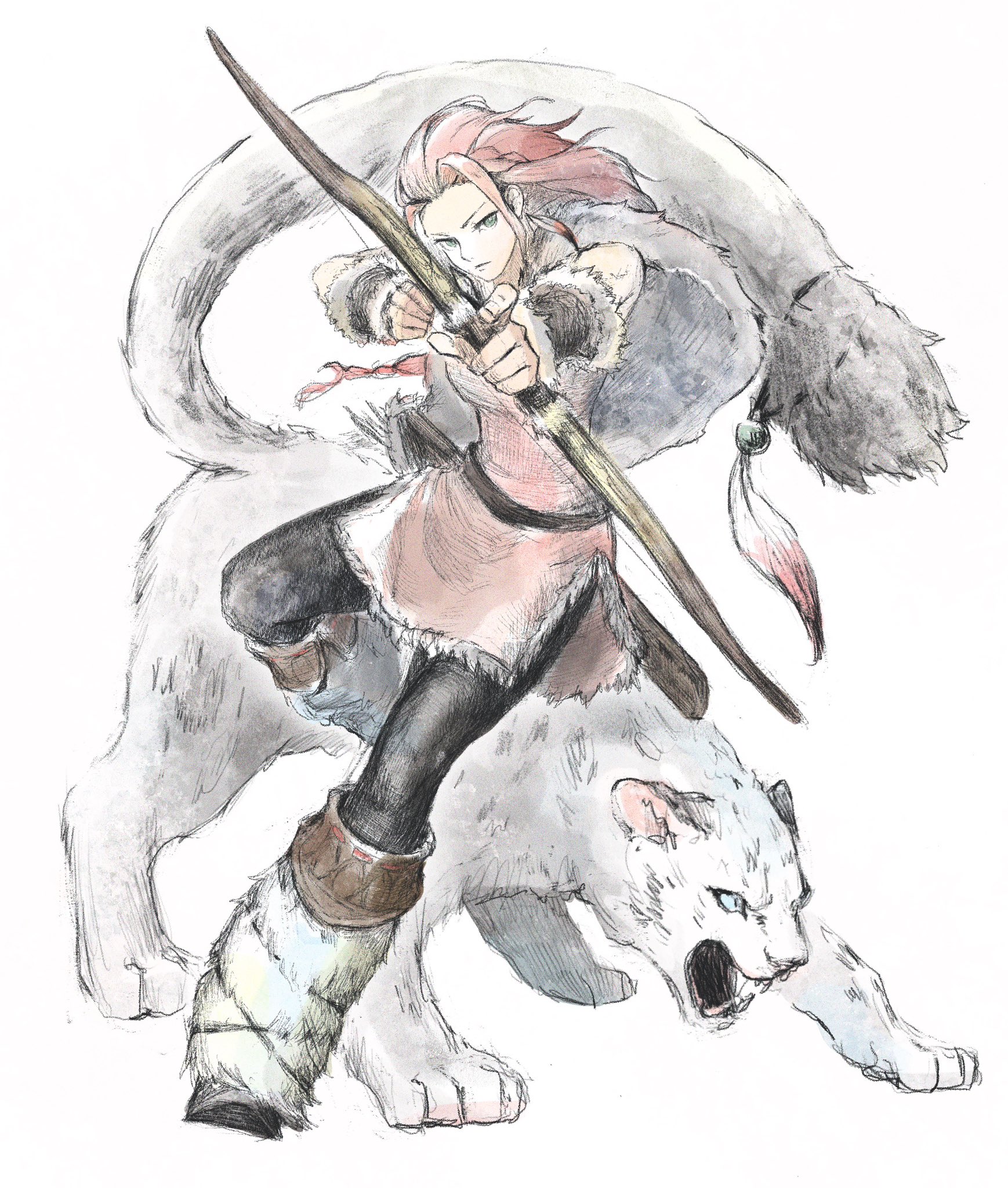 qqqqqli, h'aanit (octopath traveler), linde (octopath traveler), octopath traveler, octopath traveler i, commentary request, highres, 1girl, aiming, aiming at viewer, archery, black pants, blue eyes, boots, bow (weapon), closed mouth, fur boots, green eyes, long hair, open mouth, pants, pink hair, quiver, sharp teeth, simple background, snow leopard, teeth, weapon, white background, white fur