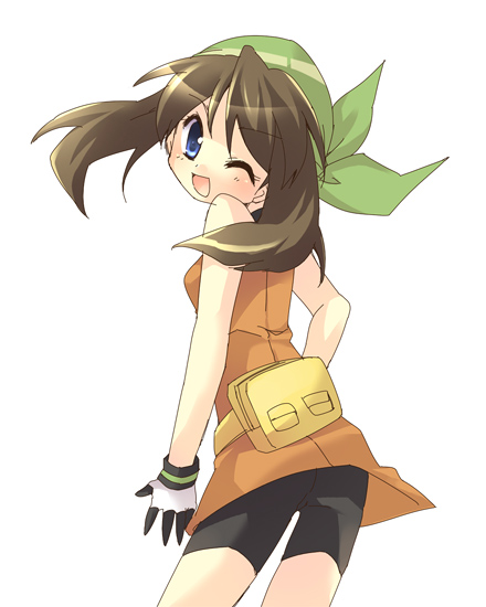 retei, may (pokemon), nintendo, pokemon, pokemon adventures, pokemon emerald, pokemon rse, 00s, 1girl, bag, bandana, blue eyes, brown hair, female focus, gloves, one eye closed, simple background, solo, white background, wink