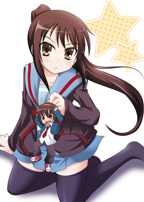junako, kadose ara, kadoseara, kyonko, suzumiya haruhi, suzumiya haruhiko, suzumiya haruhi no yuuutsu, 00s, 1boy, 1girl, blouse, brown eyes, brown hair, genderswap, genderswap (ftm), genderswap (mtf), hairband, long hair, ponytail, school uniform, serafuku, shirt, thighhighs, white shirt