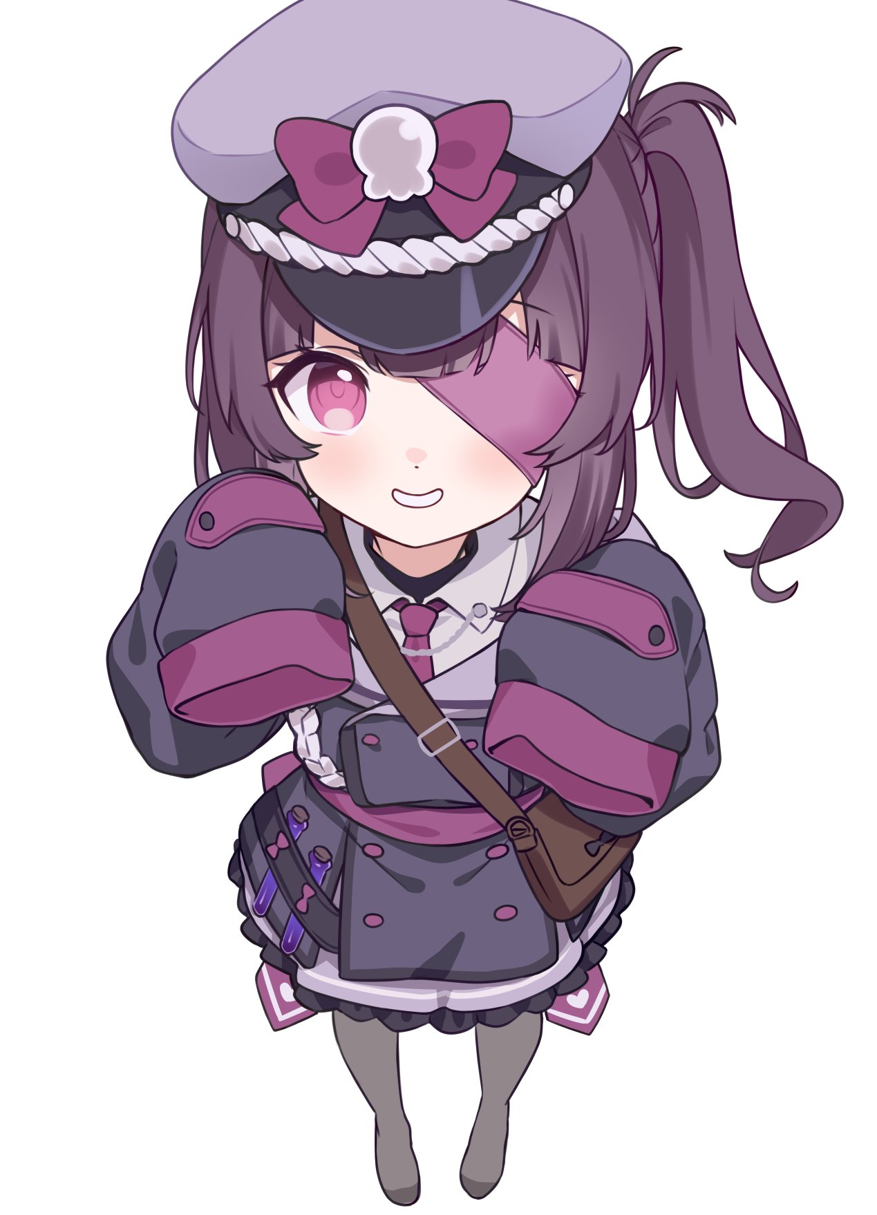 hitsukuya, commentary, copyright request, english commentary, highres, 1girl, bag, black jacket, bow, brown hair, collared shirt, full body, grey pantyhose, hands up, hat, hat bow, jacket, long hair, long sleeves, looking at viewer, necktie, no shoes, pantyhose, peaked cap, ponytail, purple bow, purple hat, purple necktie, purple skirt, red eyes, shirt, shoulder bag, simple background, skirt, sleeves past fingers, sleeves past wrists, smile, solo, standing, vial, white background, white shirt