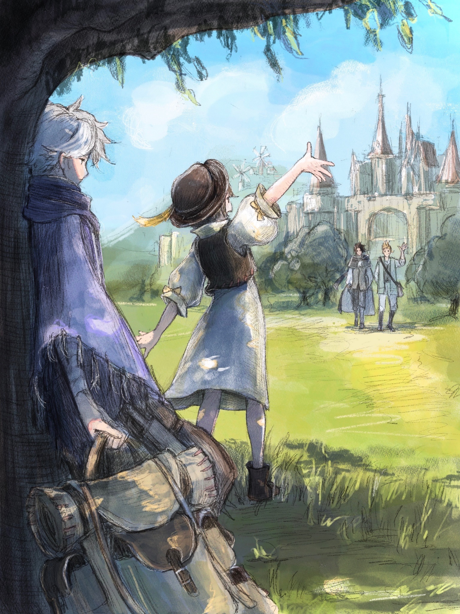 qqqqqli, therion (octopath traveler), tressa colzione, octopath traveler, octopath traveler i, commentary request, highres, 1girl, 3boys, against tree, alfyn greengrass, bag, blue sky, brown hat, castle, cloak, cloud, cyrus albright, hat, hat feather, holding, holding bag, multiple boys, on grass, outdoors, purple cloak, sky, standing, tree, waving, white hair, windmill