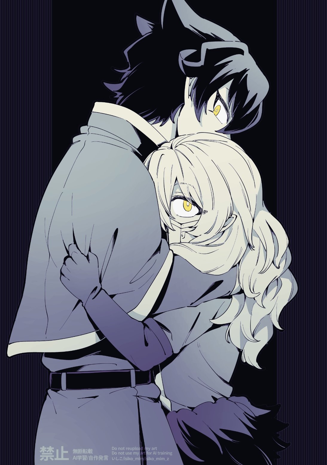 naberius kalego, mairimashita! iruma-kun, highres, 2boys, balam shichiro, belt, capelet, clothes tug, fur trim, gloves, hair between eyes, height difference, hug, isiko mim z, long hair, long sleeves, looking at viewer, male focus, mask, mouth mask, multiple boys, pointy ears, school uniform, shirt, short hair, simple background, skirt, spot color, trap, twitter username, watermark, yellow eyes