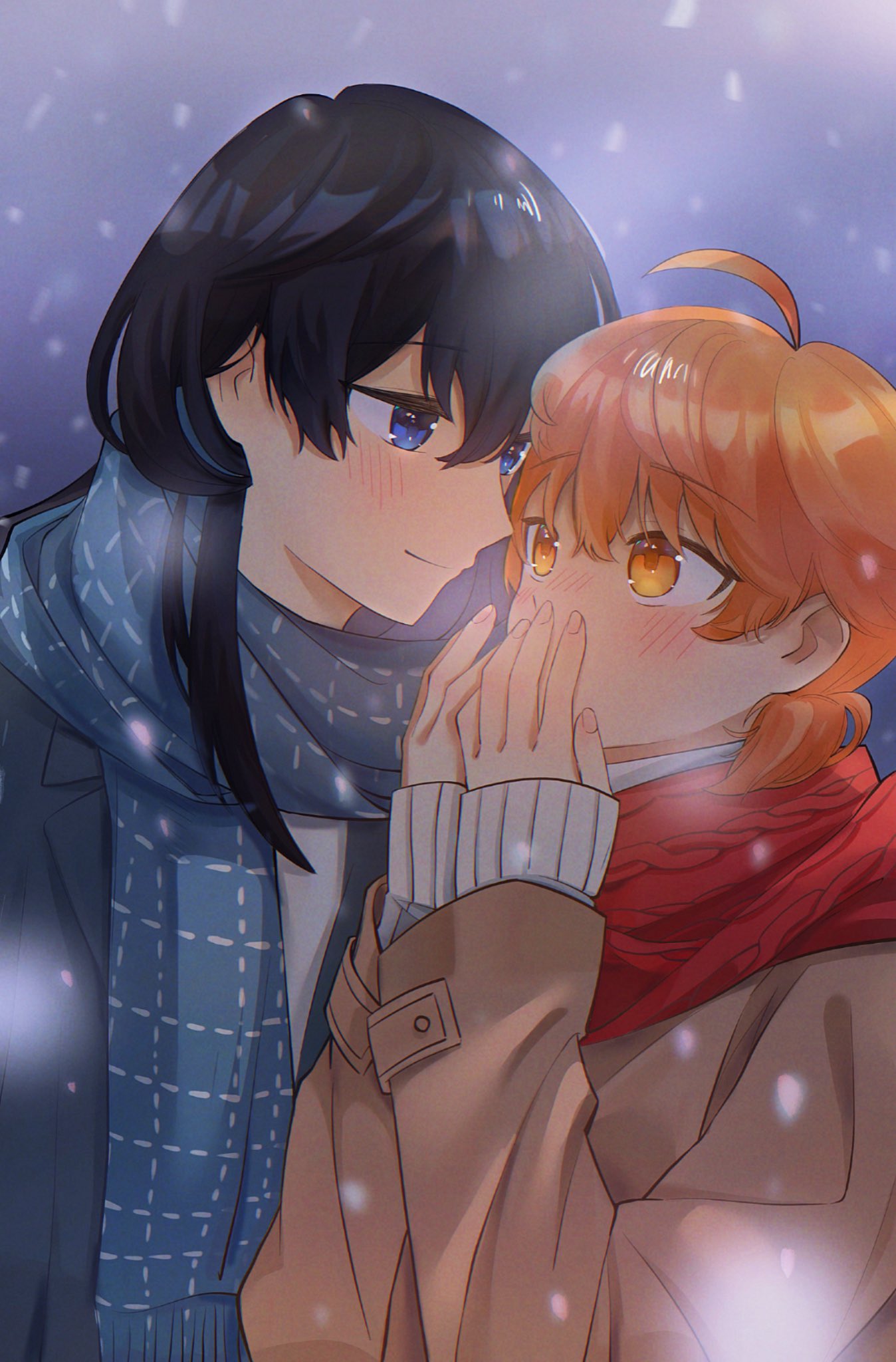koito yuu, nanami touko, yagate kimi ni naru, commentary, hashtag-only commentary, highres, 2girls, ahoge, black coat, black hair, blue eyes, blue scarf, blush, brown coat, closed mouth, coat, covering own mouth, long hair, long sleeves, looking at another, mim120809, multiple girls, orange eyes, orange hair, outdoors, red scarf, scarf, short twintails, smile, snowing, twintails, winter clothes, yuri