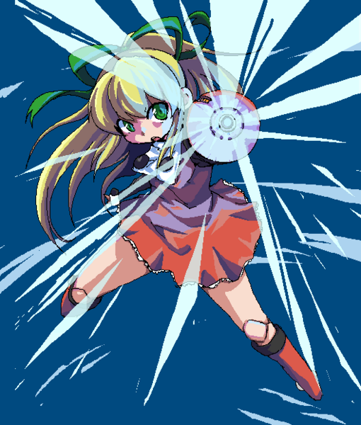 roll (mega man), capcom, mega man (classic), mega man (series), blonde hair, doll joints, green eyes, joints, ribbon, skirt