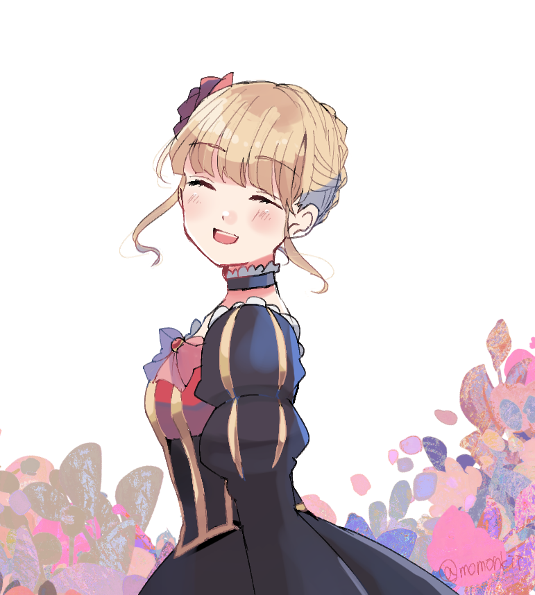 momonkii, beatrice (umineko), umineko no naku koro ni, hashtag-only commentary, 1girl, artist name, black dress, blonde hair, closed eyes, dress, flower, hair flower, hair ornament, open mouth, red flower, red rose, rose, sidelocks, simple background, smile, solo, standing, teeth, twitter username, upper teeth only, white background