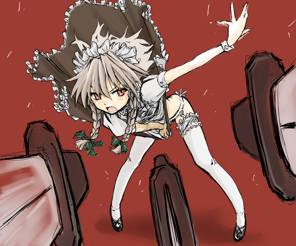 cif, izayoi sakuya, embodiment of scarlet devil, touhou, 1girl, bent over, braid, clothes lift, covering crotch, covering privates, dress, dress tug, female focus, frilled thighhighs, frills, garter belt, grey hair, hair ribbon, knife, maid, maid headdress, panties, perspective, red eyes, ribbon, sketch, skirt, skirt lift, skirt tug, solo, thighhighs, throwing, throwing knife, twin braids, underwear, upskirt, weapon, wrist cuffs