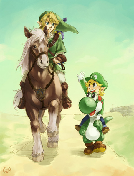 sen (pixiv111638), epona, link, luigi, toon link, yoshi, young link, mario (series), nintendo, super mario bros. 1, super smash bros., the legend of zelda, resized, 3boys, blonde hair, cosplay, crossover, fingerless gloves, gloves, hat, horse, luigi (cosplay), multiple boys, pixiv thumbnail, pointy ears
