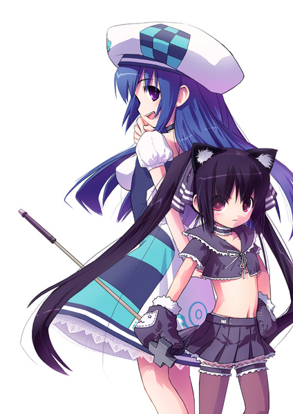 sakura misaki (artist), sakura misaki (sakura densetsu), arin (pangya), kooh (pangya), pangya, image sample, md5 mismatch, pixiv sample, resolution mismatch, source larger, 2girls, animal ears, beret, breasts, cat ears, cat girl, child, female focus, hat, midriff, miniskirt, multiple girls, simple background, skirt, thighhighs, twintails, white background
