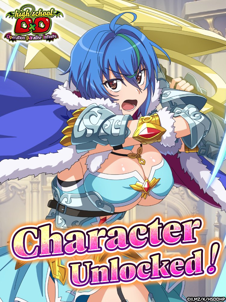 xenovia quarta, high school dxd, high school dxd operation paradise infinity, official art, 1girl, blue hair, breasts, cape, cleavage, green hair, holding, holding sword, holding weapon, large breasts, multicolored hair, revealing armor, short hair, solo, sword, two-tone hair, underboob, weapon