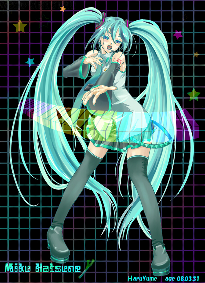 haru yume, hatsune miku, vocaloid, bad id, bad pixiv id, green eyes, green hair, long hair, necktie, solo, thighhighs, twintails, very long hair