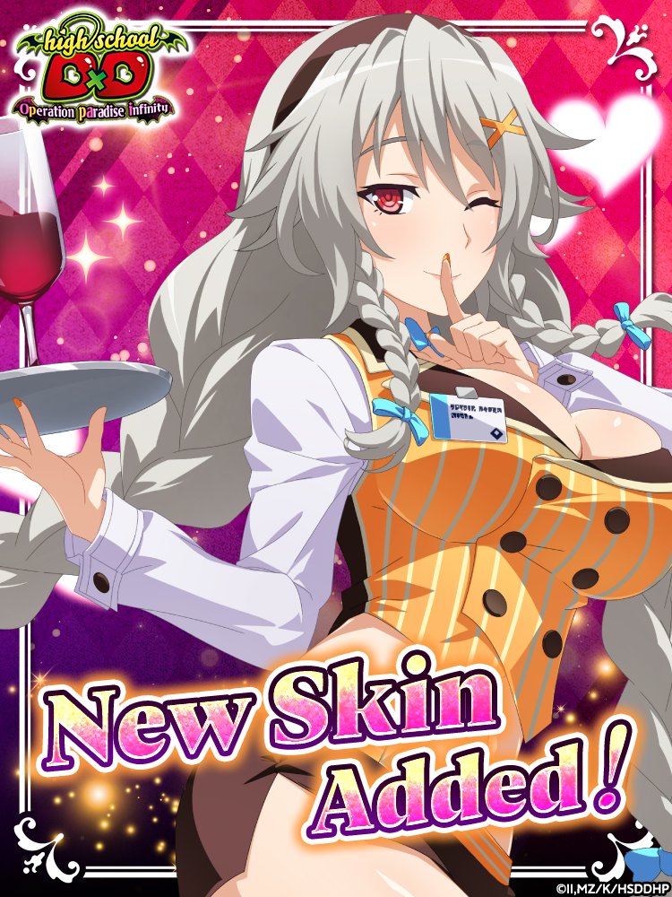grayfia lucifuge, high school dxd, high school dxd operation paradise infinity, official art, 1girl, braid, breasts, cleavage, finger to mouth, grey hair, large breasts, long hair, red eyes, solo, twin braids