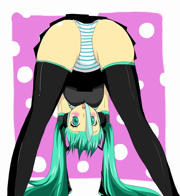 suguru, hatsune miku, vocaloid, bad id, bad pixiv id, 1girl, ass, bent over, breasts, female focus, green eyes, green hair, hands reach floor, matching hair/eyes, panties, skirt, solo, spread legs, striped clothes, striped panties, thighhighs, top-down bottom-up, twintails, underwear