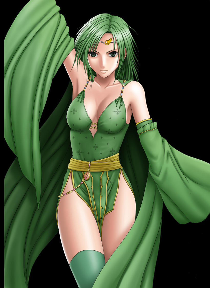 crimson comics, rydia (adult) (ff4), rydia (ff4), final fantasy, final fantasy iv, 1990s (style), 1girl, breasts, cape, cleavage, detached sleeves, dress, female focus, green dress, green eyes, green hair, green thighhighs, large breasts, looking at viewer, matching hair/eyes, pelvic curtain, retro artstyle, simple background, solo, thighhighs, thighs