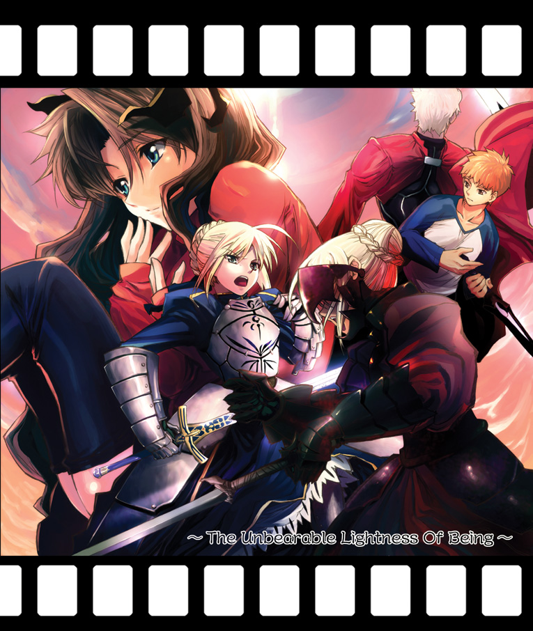 fuzuki yoshihiro, archer (fate), artoria pendragon (fate), emiya shirou, saber (fate), saber alter, saber alter (first ascension), tohsaka rin, fate/stay night, fate (series), 00s, 2girls, 3boys, armor, armored dress, dress, multiple boys, multiple girls