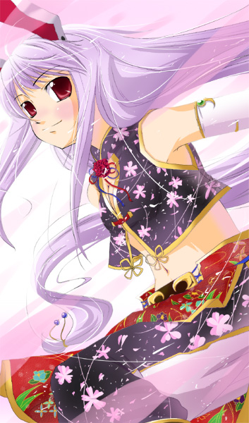 natsumi akira, reisen udongein inaba, touhou, 1girl, animal ears, female focus, long hair, midriff, navel, purple hair, rabbit ears, red eyes, solo, very long hair