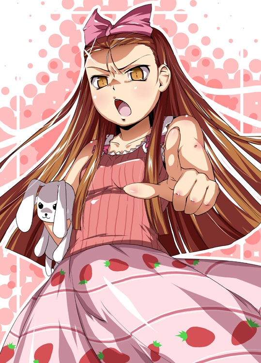 natsumi akira, minase iori, idolmaster, idolmaster (classic), idolmaster 1, textless version, 00s, 1girl, angry, bow, brown eyes, brown hair, female focus, forehead, pink bow, rabbit, solo, stuffed animal, stuffed rabbit, stuffed toy