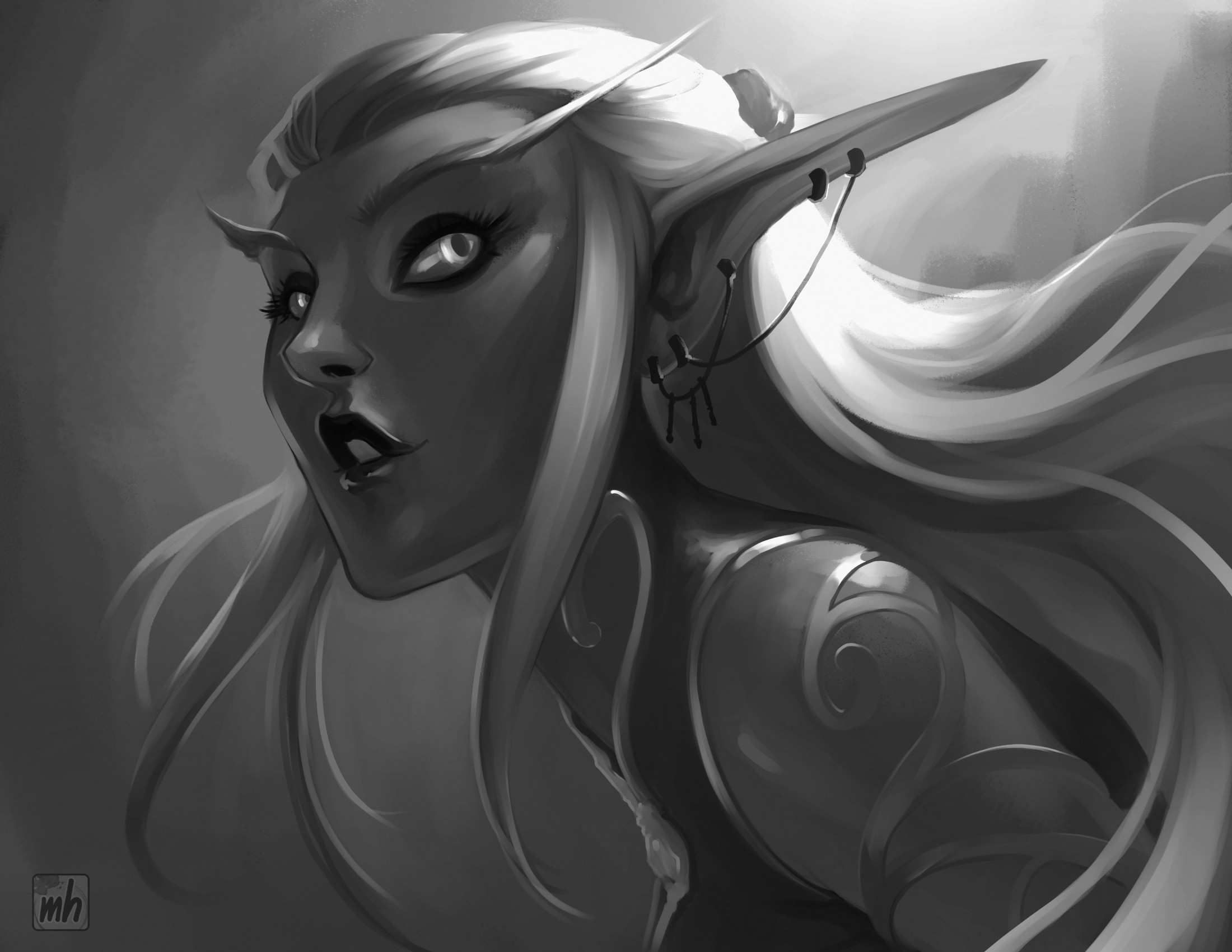 meghan hetrick, night elf (warcraft), nightborne, warcraft, world of warcraft, highres, 1girl, armor, artist logo, black lips, brush stroke, colored sclera, colored skin, dark-skinned female, dark elf, dark skin, earrings, elf, eyeshadow, greyscale, hair flowing over, jewelry, logo, long eyebrows, long hair, long pointy ears, makeup, monochrome, pink skin, pointy ears, purple eyeshadow, purple skin, scenery, signature, simple background, solo, teeth, upper body, white hair