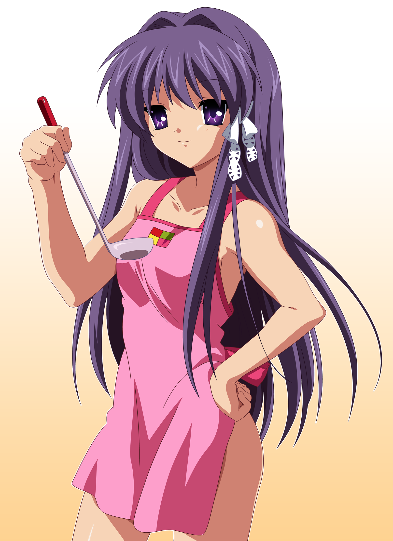 fujibayashi kyou, clannad, derivative work, highres, non-web source, third-party edit, vector trace, 00s, apron, hair intakes, ladle, naked apron, nude, solo