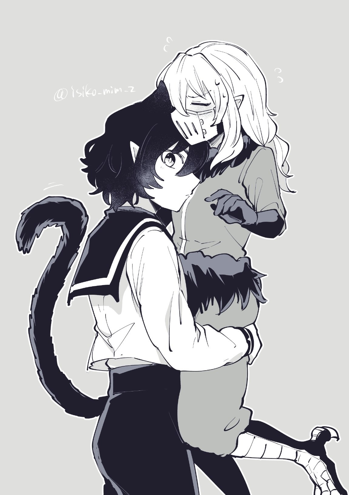 opera (iruma-kun), mairimashita! iruma-kun, highres, 1boy, 1other, animal ears, balam shichiro, bird legs, blush, cat ears, cat tail, closed eyes, extra ears, fur trim, gloves, grey background, greyscale, head on chest, isiko mim z, lifting person, long hair, long sleeves, looking at viewer, mask, monochrome, mouth mask, outline, pants, pointy ears, sailor collar, school uniform, serafuku, shirt, short hair, simple background, tail, twitter username, white outline