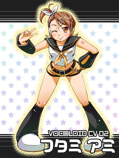 natsumi akira, futami ami, kagamine rin, shimoda asami, idolmaster, idolmaster (classic), idolmaster 1, vocaloid, brown eyes, brown hair, cosplay, kagamine rin (cosplay), v, voice actor connection, wink